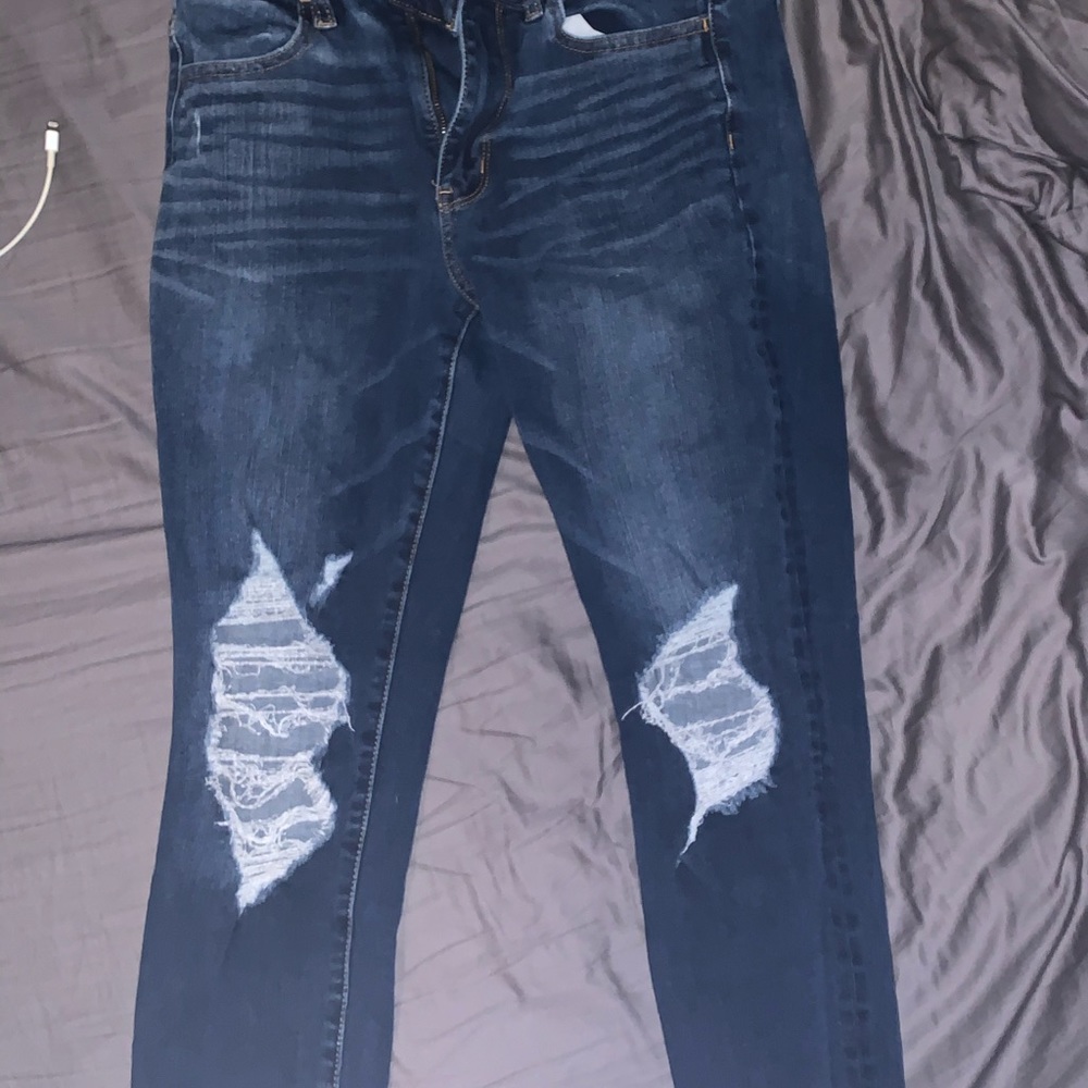 Blue distressed knee Jeggings 8 SHORT
